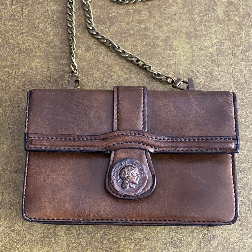 Vintage Classic genuine Brown Leather Italian Greek embellishment handBag